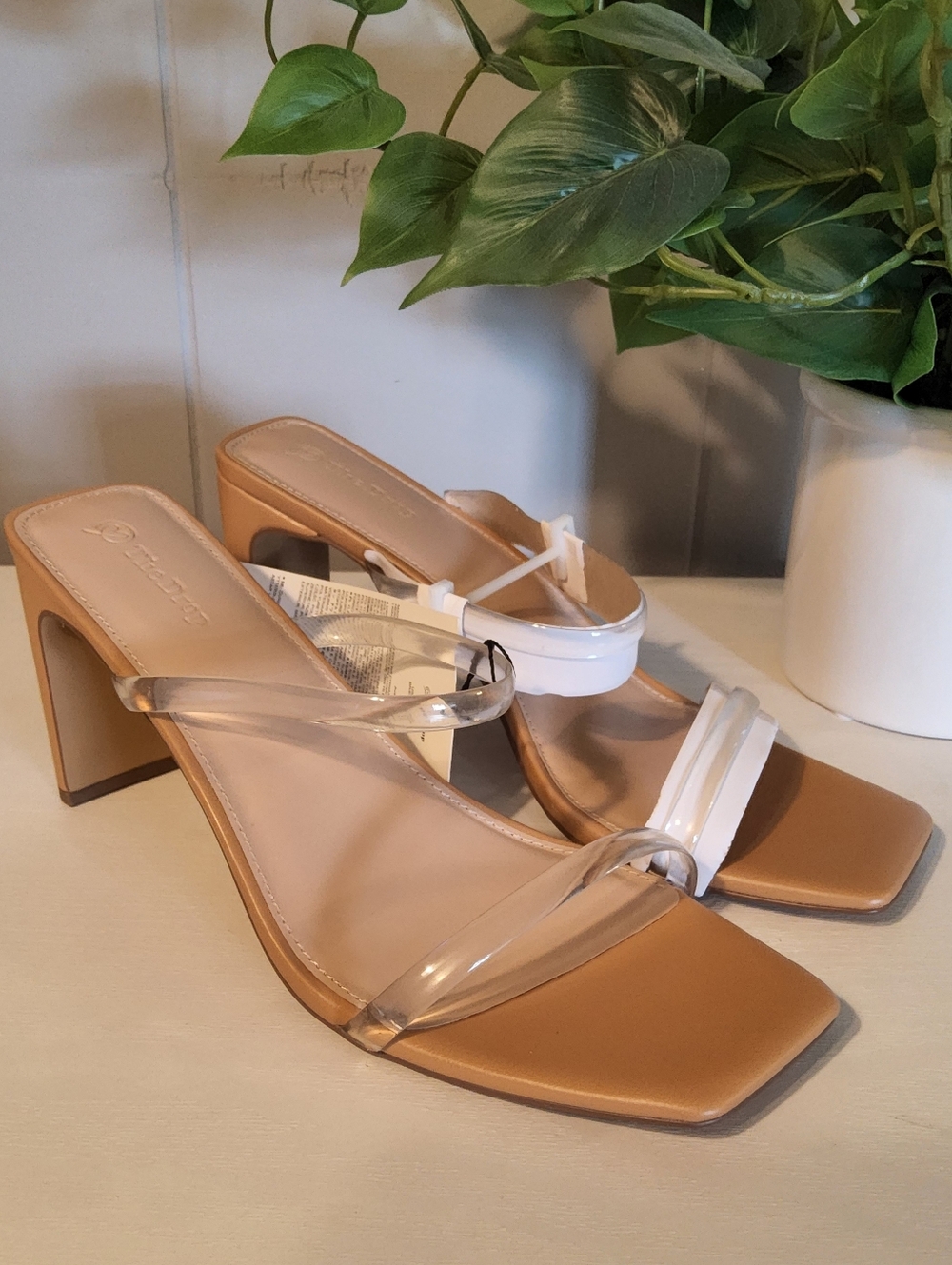 The Drop Clear-Strap Tan Block Heel Mules